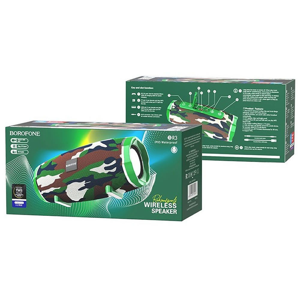Mini Coluna Bluetooth Borofone Br3 Verde Camouflage Wireless Tws 1200mah Rich Sound Sports