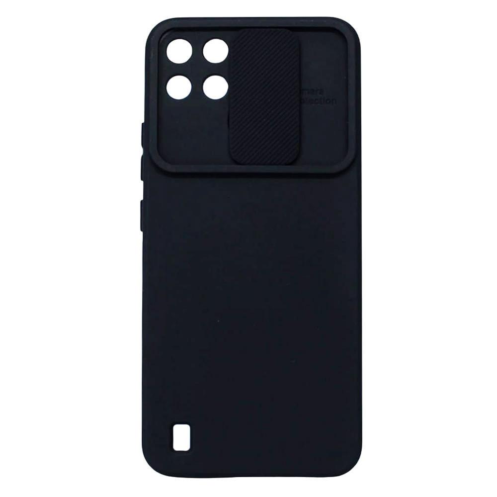 Capa Silicone Gel Realme C21 Preto Com Protetor De Câmera E Janela Deslizante