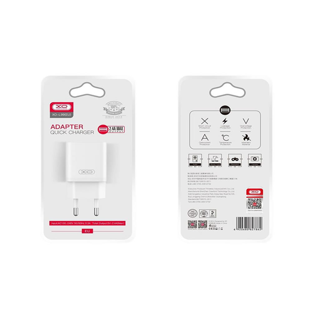 XO L99 White 2.4A USB Adapter