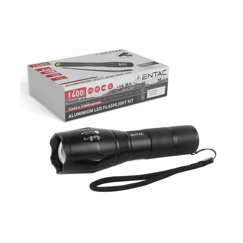 Entac EFL-Zoom-ALU-XHP Black 10W 400lm Zoom LED Flashlight With Bicycle Mount