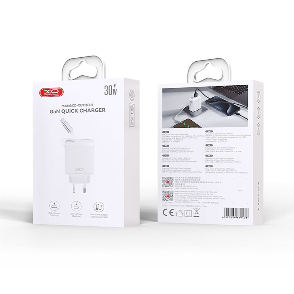 XO CE31 White 30W 3.0A USB/USB-C Adapter With Retractil USB-C Cable