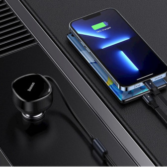 Carregador De Isqueiro Baseus Cgtx000001 Preto 30w Com Cabo Usb-C E Lightning Retrátil