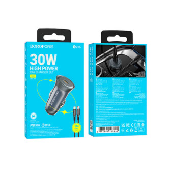 Carregador De Isqueiro Borofone Bz26 Cinza 30w 3.0a Com Cabo Tipo-C Para Lightning