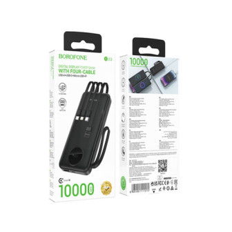 Power Bank Borofone BJ53 Preto 10000mAh 2 Input E Cabos USB/USB-C/Lightning/Micro