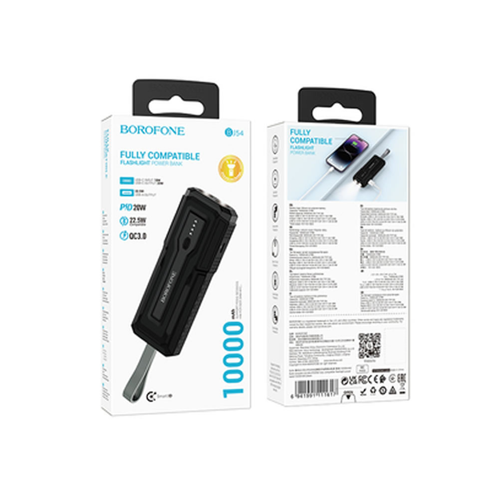 Power Bank Borofone Bj54 Preto 10000mah 20w 2 Input Usb/Usb-C Com Lanterna