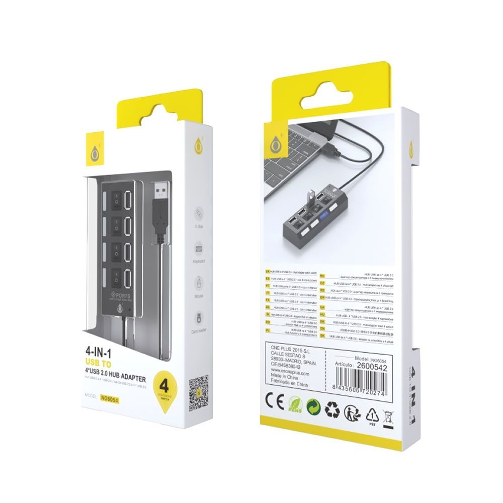 Adaptador HUB One Plus NG6054 Preto 2.0 Com 4 Portas USB E Interruptor
