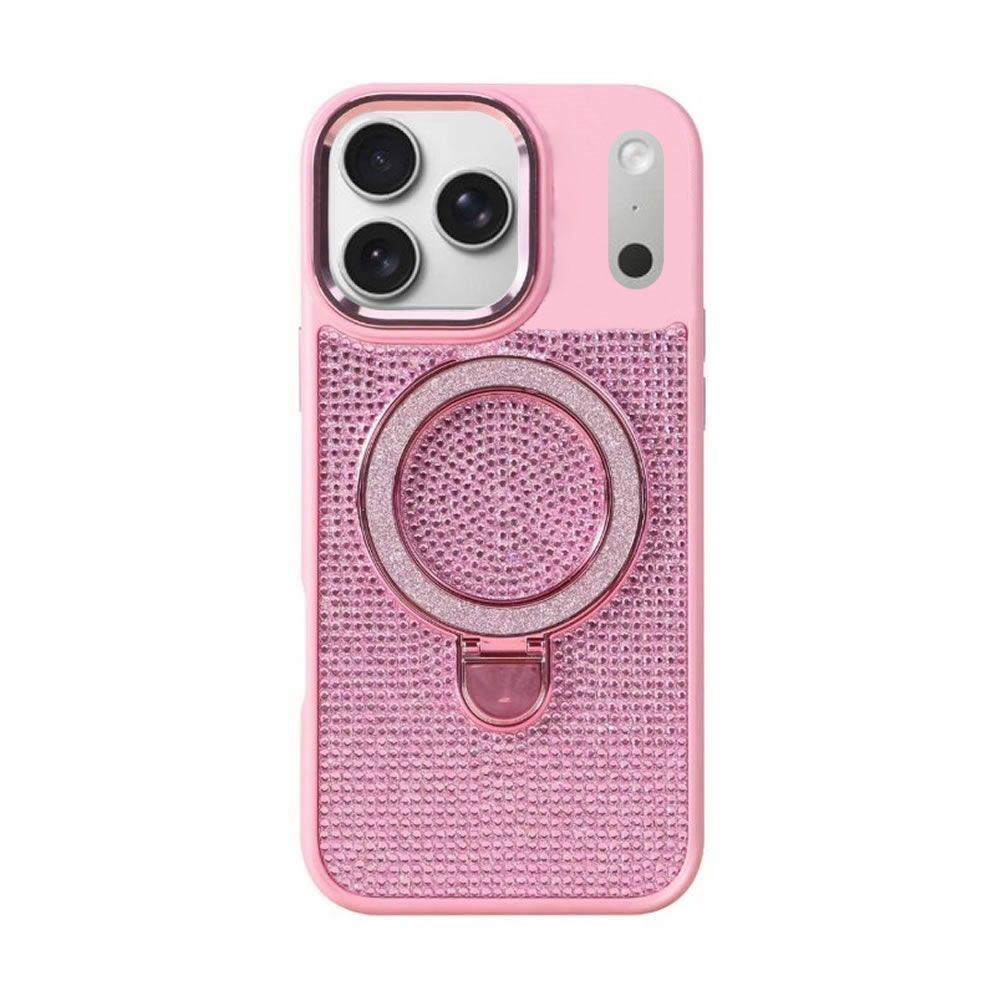 Apple iPhone 17 Pro Max Pink Glitter Silicone Case With Stand