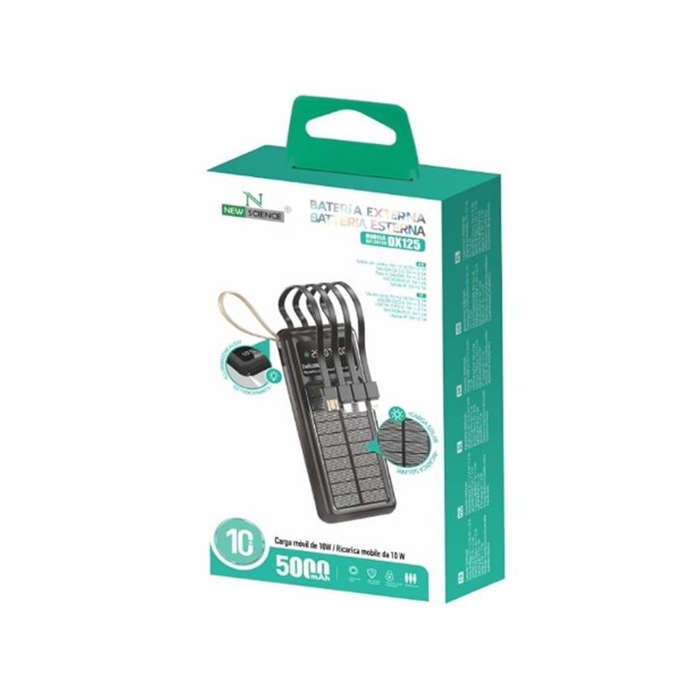 New Science DX125 Black 5000mAh 10W Power Bank With Cable USB/USB-C/Lightning/Micro And Solar Panel