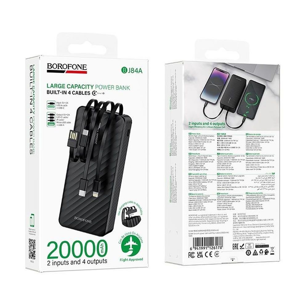 Power Bank Borofone BJ84A Preto 20000mAh Com Cabo USB-A/USB-C/Micro USB E Lightning
