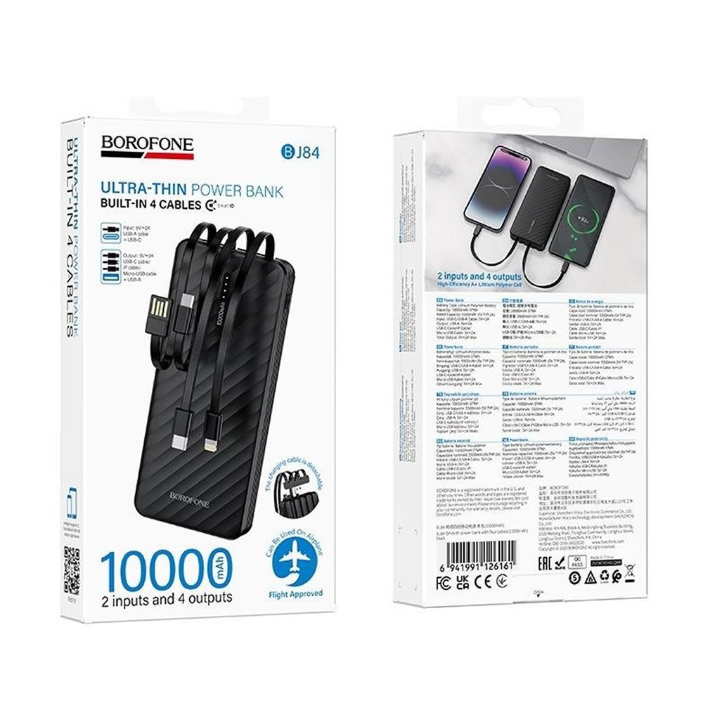 Power Bank Borofone BJ84 Preto 10000mAh Com Cabo USB-A/USB-C/Micro USB E Lightning