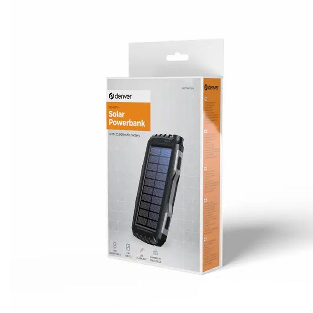 Denver PSO-20010MK2 Black Power Bank 20000mAh 2 Outputs/1 Input With Solar Panel