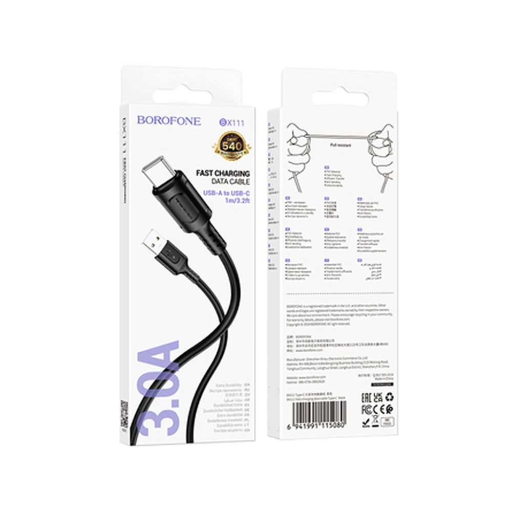 Cabo De Dados USB Tipo C Borofone BX111 Preto 3.0A 1m