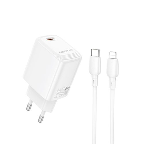 Carregador 240V Borofone BN26 Branco 20W 3.0A USB-C Para Lightning