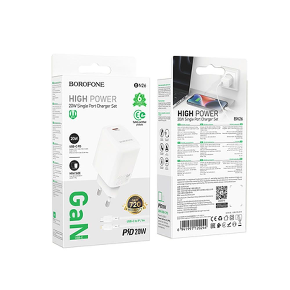Carregador 240V Borofone BN26 Branco 20W 3.0A USB-C Para Lightning