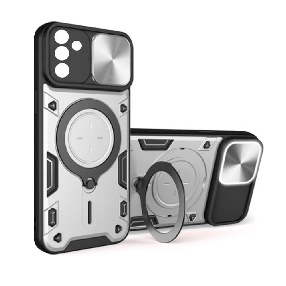 Capa Silicone TPU+Suporte Samsung Galaxy A17 Prata Com Protetor de Câmera